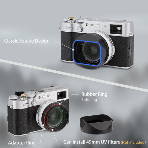Haoge LH-X54B Square Metal Lens Hood with 49mm Adapter Ring for Fujifilm X100VI Fuji X100V Camera, Black