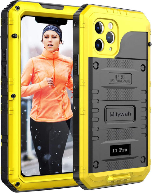 Mitywah Waterproof Case for iPhone 11 Pro, Heavy Duty Military Grade Shockproof Cover, Rugged Metal Case, Yellow