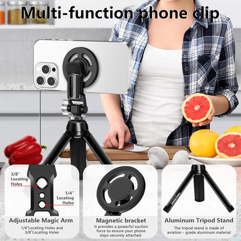CAMEDAFLX Aluminum Magnetic Stand Mount with Cold Shoe Mount for iPhone,Adjustable Rotable Cellphone Tripod Stand