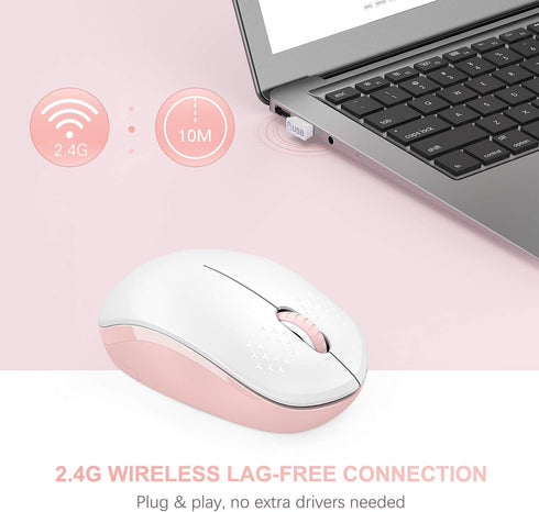 seenda 2.4G Noiseless Wireless Mouse with USB Receiver for PC, Tablet, Laptop - Pink & White