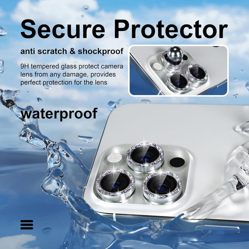 iPhone 15 Pro/Pro Max Camera Lens Protector Bling - 9H Tempered Glass, Metal Ring, Silver Glitter Decoration Accessory.