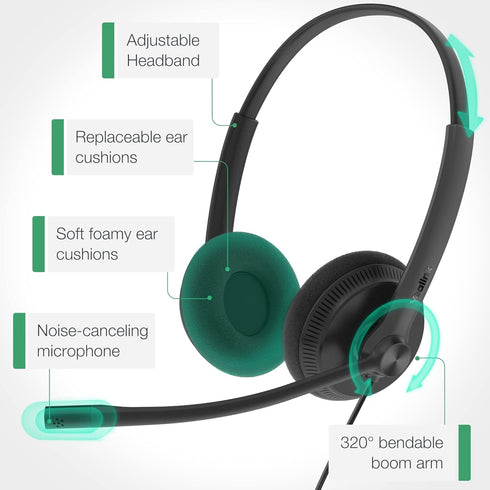 Yealink UH34 USB Wired Headset with Mic, Stereo Headphones with Noise Cancelling Microphone for Professional Business