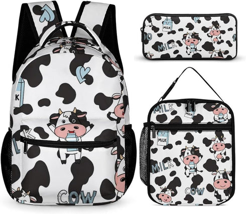 100% BLUE COLLAR Laptop Backpack Milk Cow Print Bookbag Set with Lunch Bag & Storage