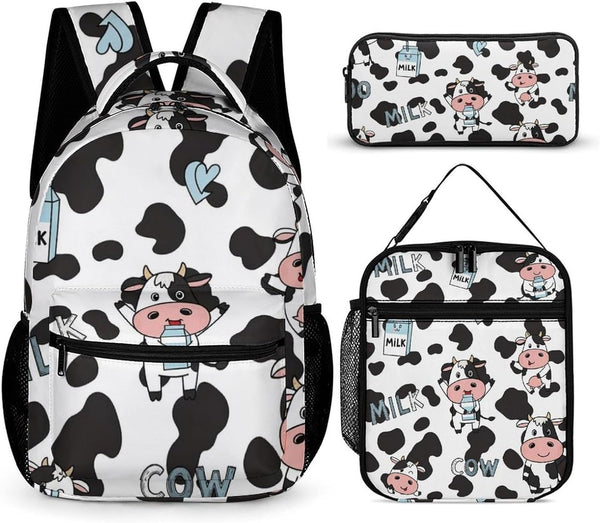 100% BLUE COLLAR Laptop Backpack Milk Cow Print Bookbag Set with Lunch Bag & Storage