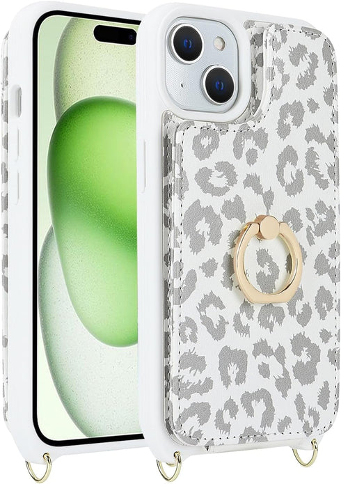 iPhone 15 Case with Card Holder and Strap for Women, Crossbody Lanyard, Ring Stand, Cute Phone Wallet Cases 6.1 inch -