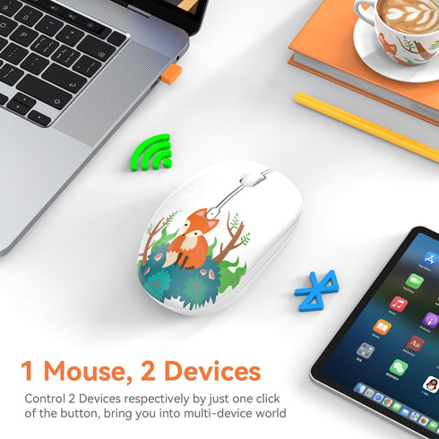 Cute Wireless Mouse, Bluetooth Mouse Dual Mode with 2.4GHz USB Receiver for Laptop, iPad, MacBook, AA Battery Silent Cartoon Fox Cordless Mice for Kids and Students (Fox)