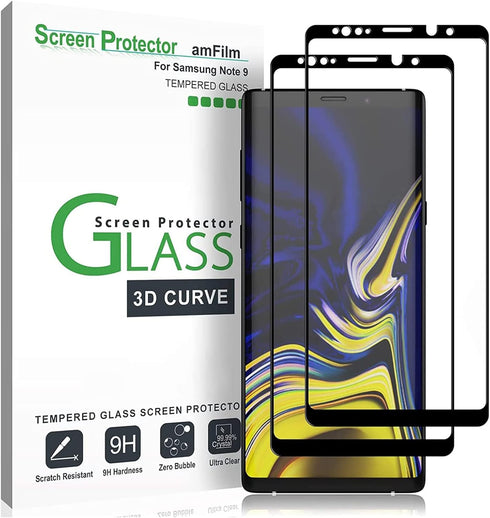 amFilm 3D Curved Tempered Glass Screen Protector for Samsung Galaxy Note 9, Full Coverage, Easy Install Tray, 2 Pack