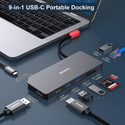 BENFEI 9in1 Monitor/3*USB Type-A/1*USB Type-C(10Gbps+100W Reader/1*RJ45 USB C MST Laptop Docking Station, USB-C Hub