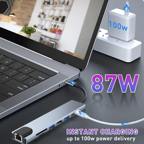 USB C HUB - 8 in 1 USB C Adapter with 4K HDMI, 100W PD, USB 3.0, RJ45 Ethernet, SD/TF Card Reader