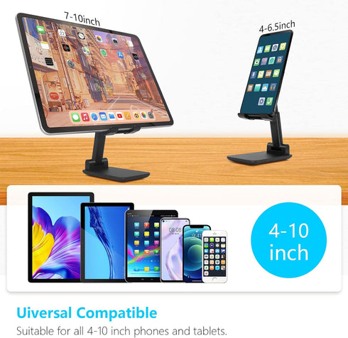 Cell Phone Stand, Folding Desktop Phone Stand, Angle Height Adjustable Mobile Phone Holder for Desk, Office, Tablet Stand Compatible with All Phones 4-10’’ Cellphone & Tablet (Black)