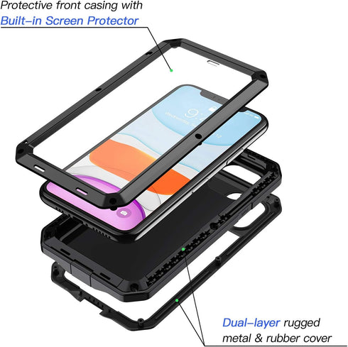 Lanhiem iPhone 11 Metal Case, Heavy Duty Shockproof Rugged Case with Built-in Glass Screen Protector, Black