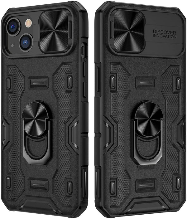 VEGO iPhone 14 Case, iPhone 13 Case with Slide Camera Cover, 360° Rotate Ring Kickstand Magnetic Shockproof - Black