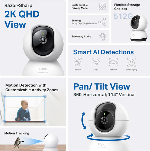 Tapo 2K 2-Way C220) TP-Link QHD Pan/Tilt Security Camera for Pet Camera, Baby Monitor, Motion Detection, Motion