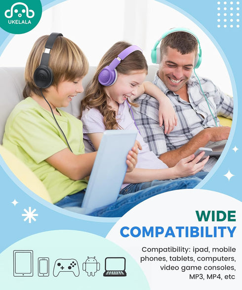 C3 Kids Headphones Wired, On-Ear, Foldable, Adjustable Headband, 3.5mm Jack, Teal, for Boys and Girls