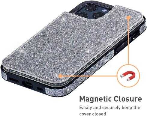 UEEBAI Case for iPhone 12 Pro Max 6.7 inch, Premium Glitter PU Leather Wallet Cover with Card Slots and Stand Function
