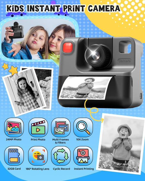 Instant Print Paper - 5 Rolls Black & White for Kids Instant Print Camera, NO-Ink HD Thermal Print Paper Set