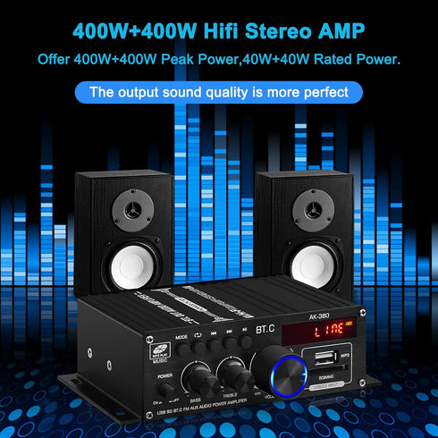 Bluetooth 5.0 Audio Power Amplifier AK-380 400W+400W 2.0 CH HiFi Stereo Amp Receiver with USB,SD,AUX,Remote Control,FM Antenna for Car Home Speaker Bar Party-(without Power Adapter)