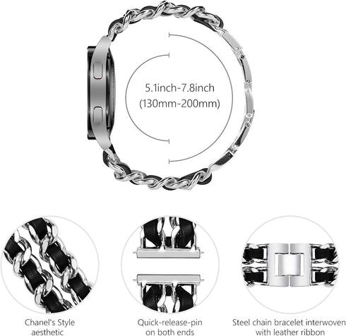 Surace Compatible Galaxy Watch 7 Band, Women Bracelet for Galaxy Watch 7/FE/6/5/4 40mm 44mm, Silver Link with Black