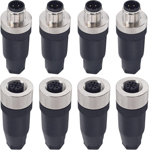 M12 4 Pin Male & Female Socket Panel Aviation Wire Connector, 12mm Outdoor Waterproof IP67, 4 Sets