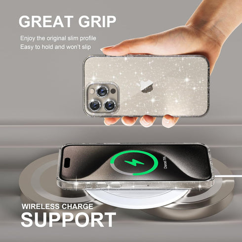 Choiche iPhone 15 Pro Max Case, Glitter Clear with 3 x Diamond Camera Lens Protectors & 2 x Tempered Glass