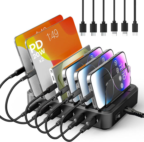 Charging Station for Multiple Devices - 65W 6 Port USB C Charger with 2 20W PD Ports, Short Cables Included