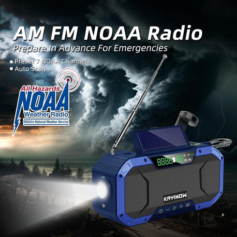 Portable NOAA AM FM Bluetooth Emergency Weather Radio, Hand Crank Solar, 5000mAh Battery, Waterproof, Flashlight, Phone