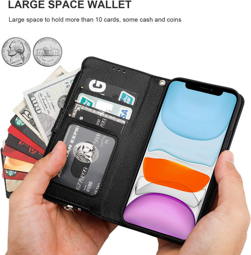 KIHUWEY iPhone 12 Pro Wallet Case Leather Zipper with Card Holder, Kickstand and Protective Lanyard Purse Cover