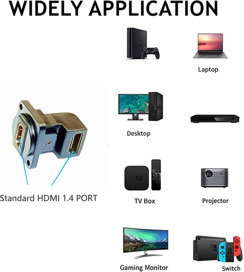 HDMI Right Angle D Type Panel Mount Adapter Connector Extender Socket Series D-Type HDMI Coupler Female to Female Glod Plated Connector with Screws