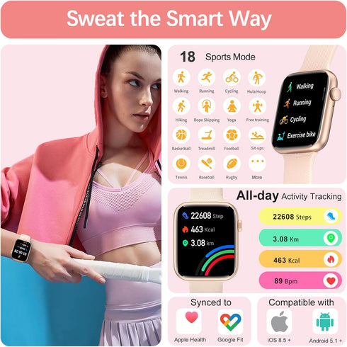 Smart Watch(Answer/Make Call), 1.85" Smartwatch for Women, Fitness Activity Tracker with Heart Rate Blood Oxygen Sleep Monitor Step Calorie Counter for iPhone Android Phones, Pink