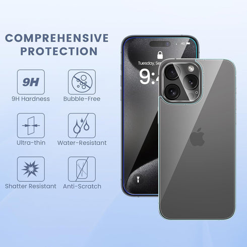 Maxdara 6 in 1 Screen Protector for iPhone 15 Pro (6.1 inch) - Front, Back & Camera Lens, 9H Hardness, Ultra HD.