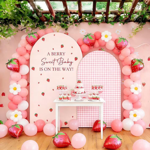 agogos 2 Covers,Set 2(6FT/5FT) Pcs A Berry Sweet Baby is ON The Way Arch Backdrop of Pink Plaids Strawberry Theme Arch