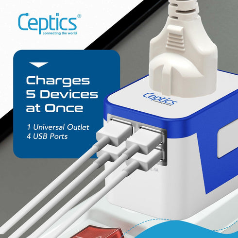 Ceptics Universal Travel Adapter Plug with 4 USB Ports - Charge Cell Phones, Smart Watches, iPhones - For International