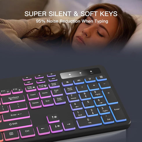 Wireless Keyboard with 7-Color RGB Backlit, Full-Size Computer Keyboard with Phone Tablet Holder, Rechargeable Gaming