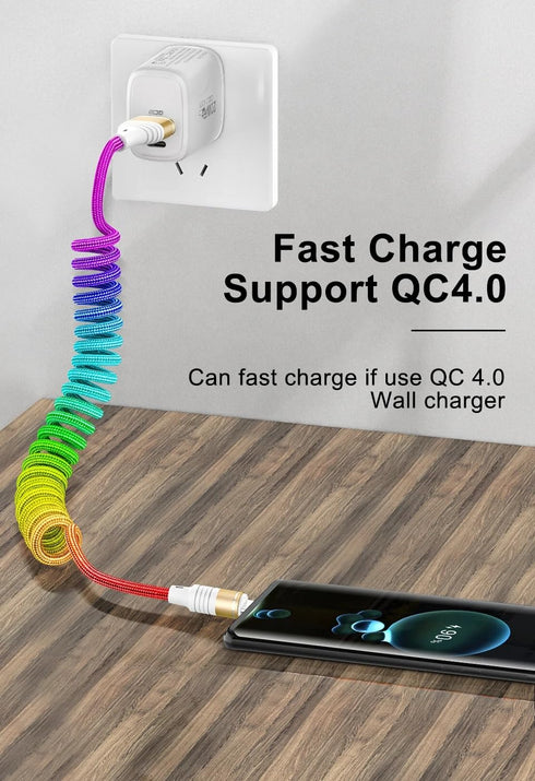 Rainbow Coiled Fast Charging Cable, USB C Spring Retractable Charger Cable for Car, 3FT Nylon Braided Type C Data