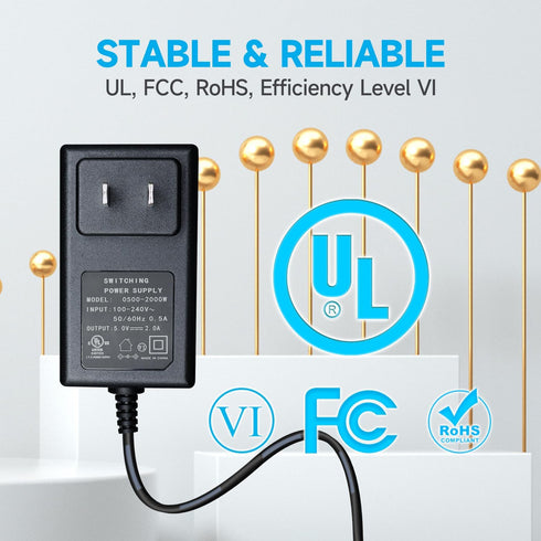 2Pack 5V 2A 6ft Power Supply Adapter, AC to DC 5V 2000mA Wall Charger for USB Hub, Baby Monitor, LED Pixel Light