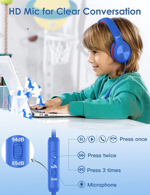 Headphones for Kids for School, Kids Headphones with Microphone, Sharing Function, 85dB/94dB Safe Volume Limit, Over