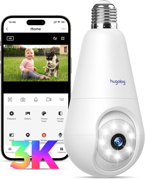 Hugolog 3K Light Bulb Security Cameras Wireless Outdoor, 2.4GHz Cameras for Home Security Indoor with AI Sound