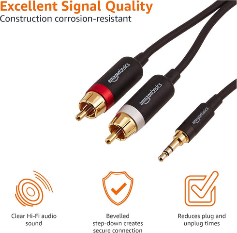 Amazon Basics 3.5 Aux to 2 x RCA Adapters, Audio Cable for Amplifiers, Active Speakers (15 Feet/4.6 m, Black)