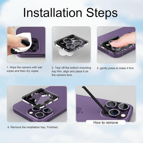 Bling Camera Lens Protector for iPhone 14 Pro/Pro Max - 9H Tempered Glass, Metal Ring, Purple Glitter, 3+1 Accessories.