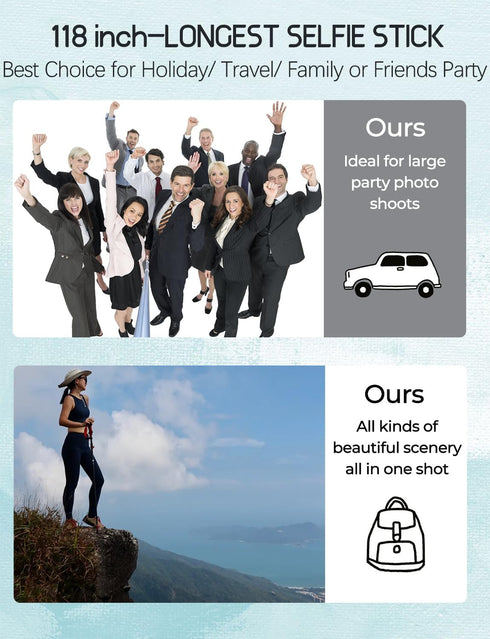 Bluetooth Long Selfie Stick - Lightweight Extendable Pole from 20'' to 118'' with Built-in Wireless Remote