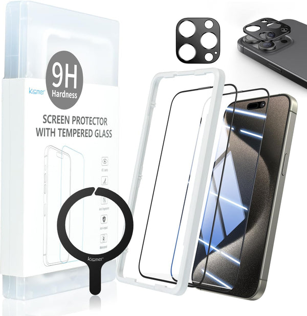 Tempered Glass Screen Protector for iPhone 15 Pro Max - Camera Lens Protector Metal Ring Sticker for Magsafe