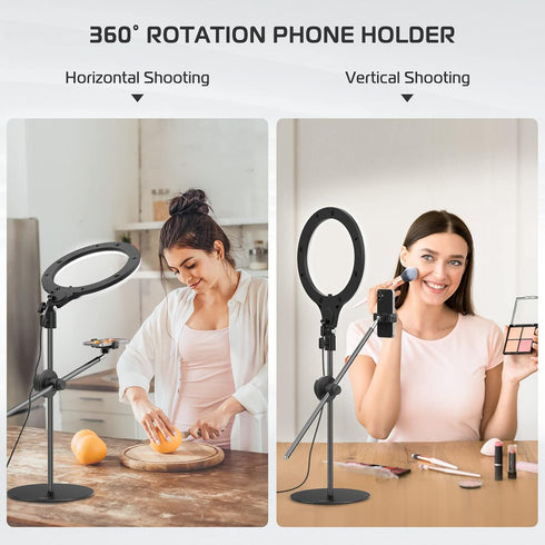 ULANZI Overhead Phone Mount with 10" Selfie Ring Light, Tabletop Light Stand with 360° Shooting Arm for Video Recording