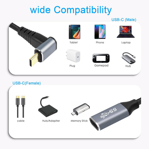 GELRHONR 1M Right Angle USB C Extension Cable, 90 Degree 10Gbps PD 100W USB3.1 Gen2 Male to Female Charging Cord, Up
