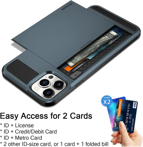 Vofolen iPhone 13 Pro Case, Wallet Credit Card Holder Slot, Anti-Scratch Dual Layer Hybrid Bumper Armor, Navy