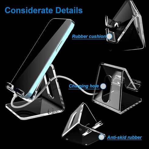 Crpich Acrylic Cell Phone Stand, Portable Clear Desk Stand for Phone 15 14 13 Pro Max Mini 12 11 Plus SE, Tablet