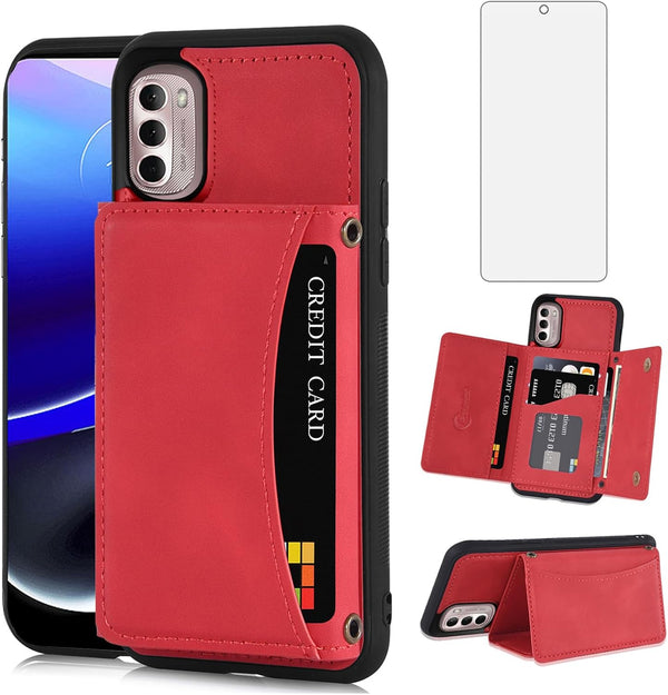 Asuwish Moto G Stylus 2022 4G Wallet Case with Tempered Glass, PU Leather, Credit Card Holder, Red - XT2211DL XT2211