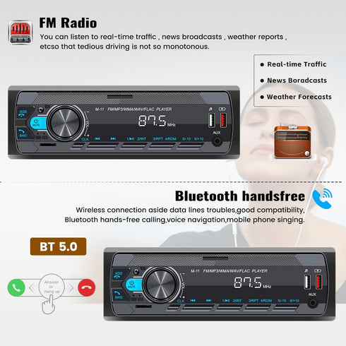 SIXWIN Single Din Car Stereo with Bluetooth 5.0, Hands Free Calling, FM Radio, USB AUX Port, Remote Control