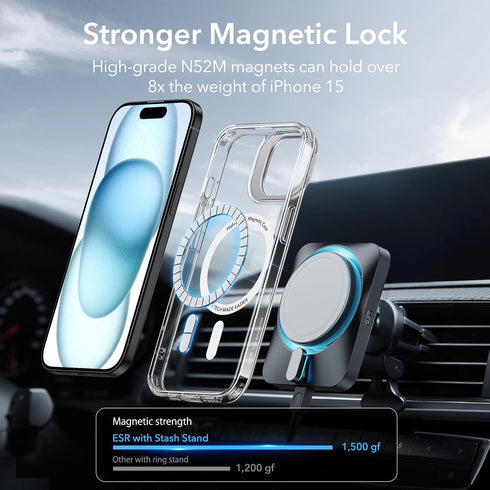 ESR Military-Grade Protective Case for iPhone 15 Plus, Clear Back Cover with Built-in Stash Stand, Compatible with