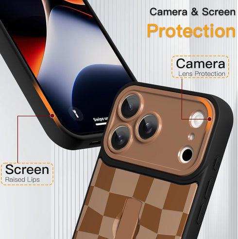 SOKAD 17 for iPhone Pro Case with Finger Strap Kickstand, Cute Checkered Checkerboard Phone Case with Finger Hand