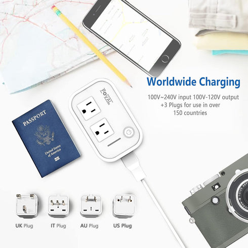 FOVAL Power Step Down 220V to 110V Travel Voltage Converter for Hair Straightener with 4-Port USB Charging